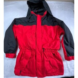 VTG WEARGUARD Mens L  Jacket Red Black Cinch Waist Hidden Hood